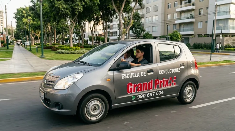 Auto gris de Grand Prix en una avenida arbolada