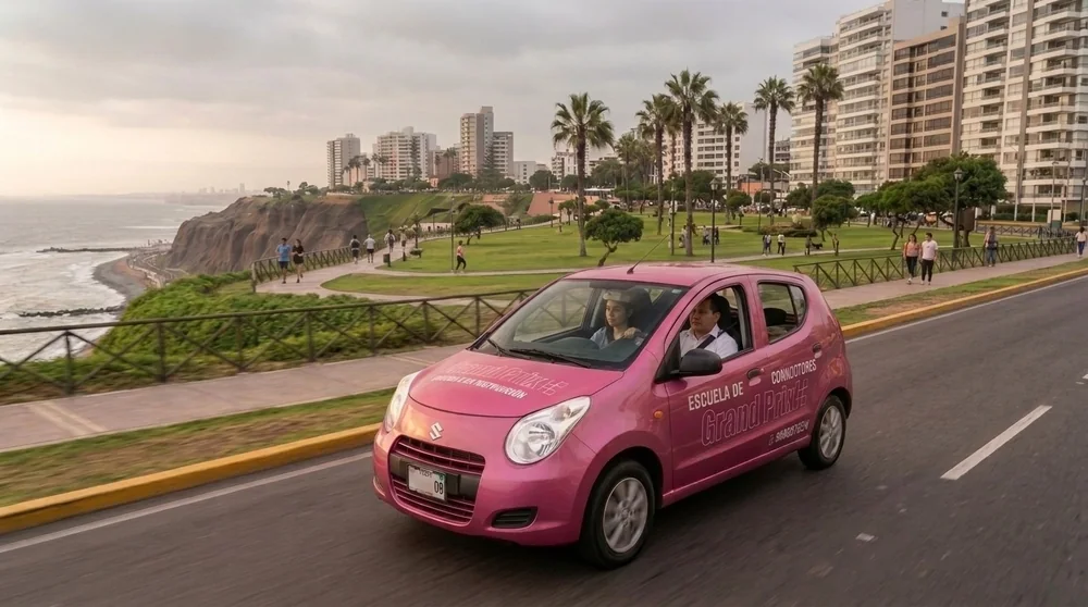 Auto rosado de Grand Prix en la Costa Verde