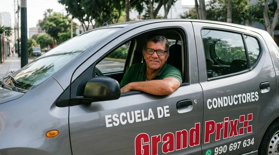 Instructor de Grand Prix sonriendo desde el auto de la escuela
