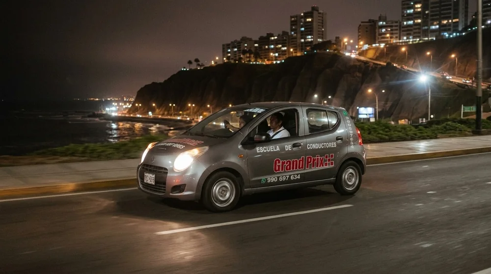 Auto de Grand Prix en una clase de manejo de noche