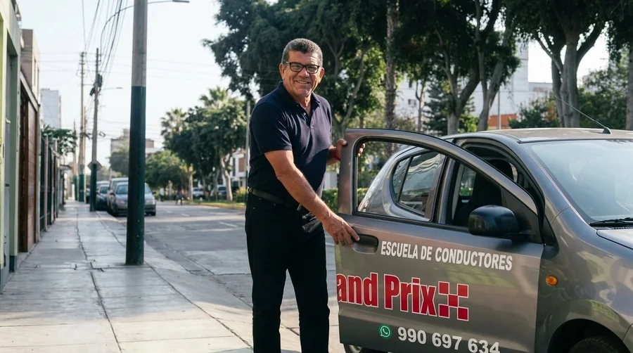 Instructor de Grand Prix abriendo la puerta del auto de la escuela