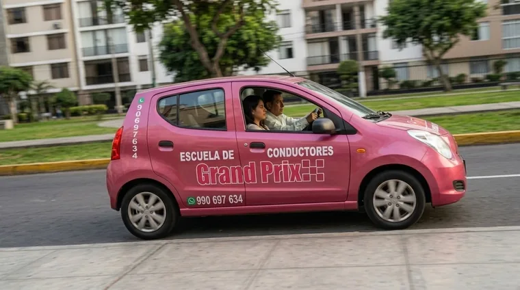 Auto rosado de Grand Prix en la pista
