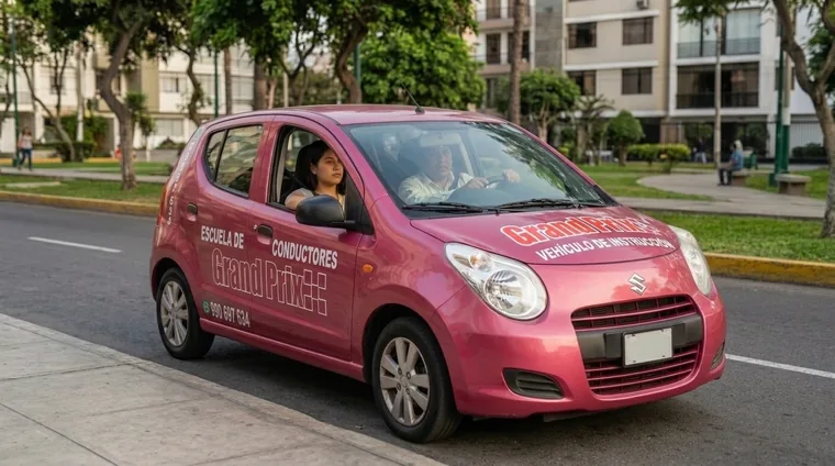 Auto rosado de Grand Prix avanzando por una avenida